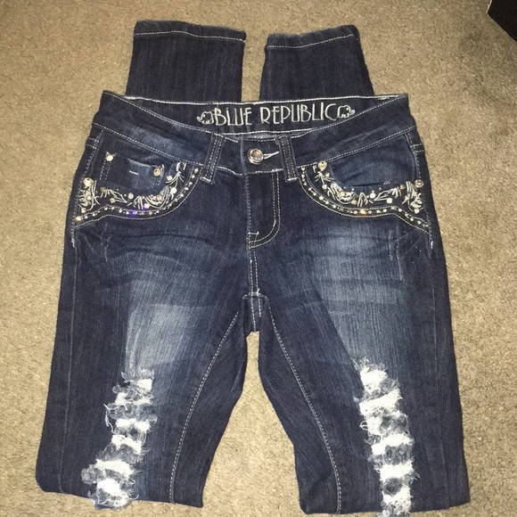 Blue Republic Distressed Bling Skinny Jeans - Picture 1 of 5